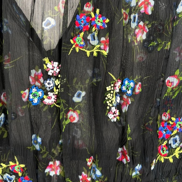 FREE PEOPLE Buttercup Embellished Button Down Top Womens XS Black Sheer Floral - Picture 9 of 12